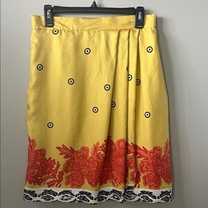 ALFRED SUNG 100% Silk‎ Yellow/Black/Red Floral A-Line Pleated Skirt- Size 12